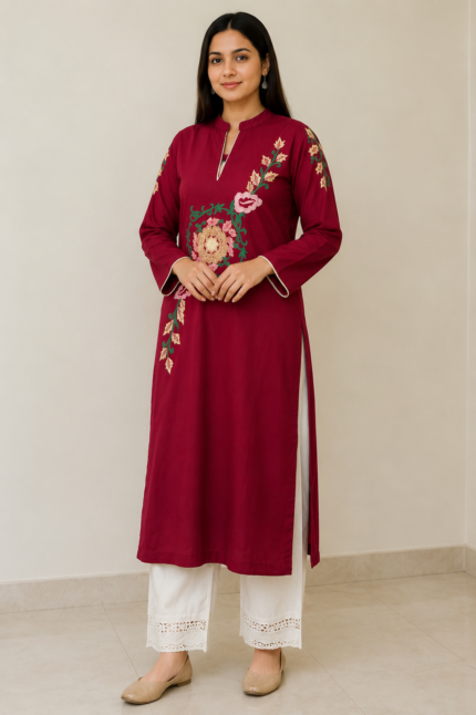 Women's Cotton Embroidered Kurti (Shirt Only) – Maroon