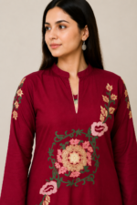 Women's Cotton Embroidered Kurti (Shirt Only) – Maroon - Image 2
